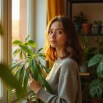 A young adult arranges a leafy plant near a sunny apartment window, highlighting the difference in plant vibrancy based on distance from natural and artificial light sources.