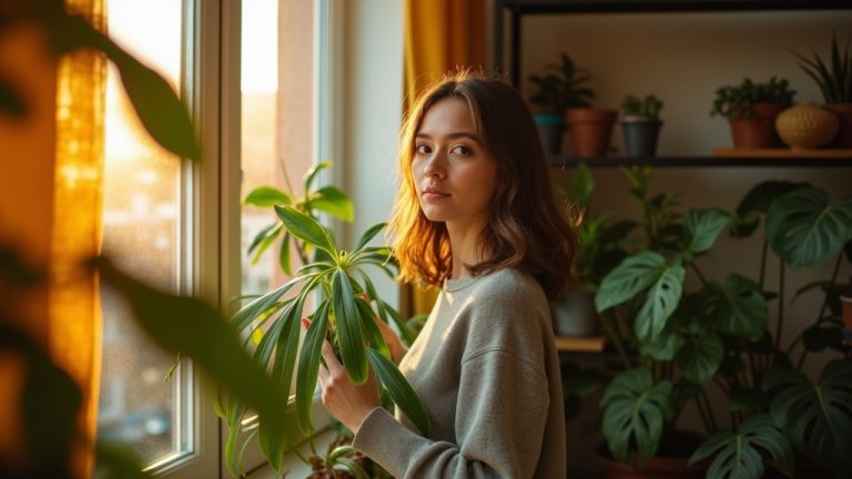 A young adult arranges a leafy plant near a sunny apartment window, highlighting the difference in plant vibrancy based on distance from natural and artificial light sources.