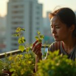 Person examining wilted herbs on an apartment balcony at sunrise, surrounded by vibrant and drooping potted plants with a blurred cityscape in the background.