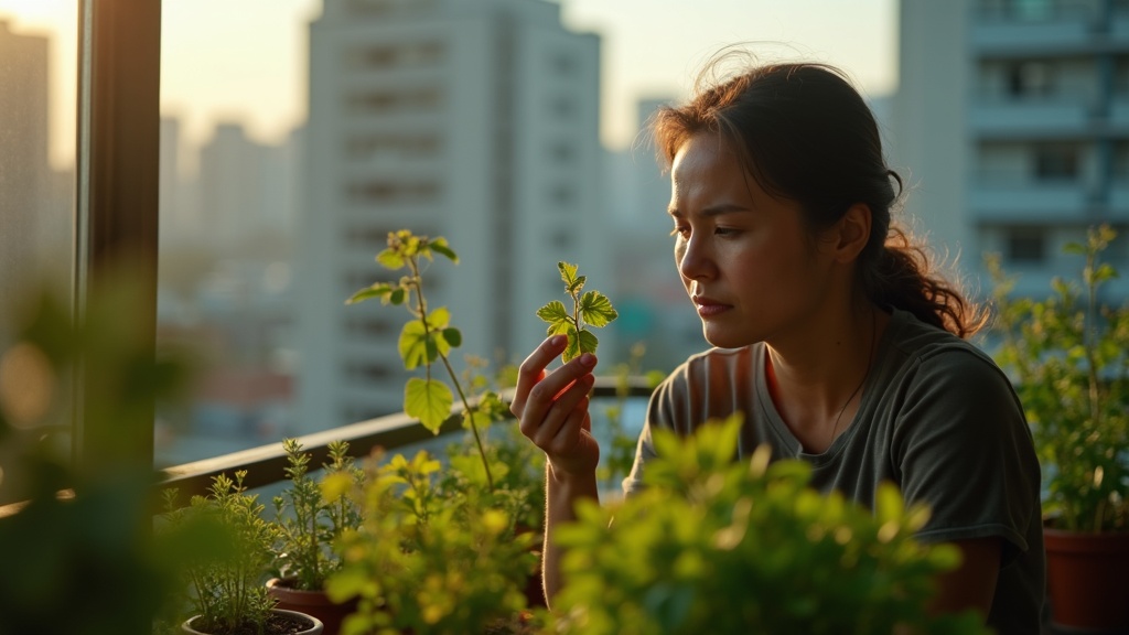 Person examining wilted herbs on an apartment balcony at sunrise, surrounded by vibrant and drooping potted plants with a blurred cityscape in the background.