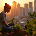An urban gardener on a city balcony thoughtfully mixing used potting soil with fresh plant clippings as the evening sun illuminates a backdrop of lush greenery and skyline.