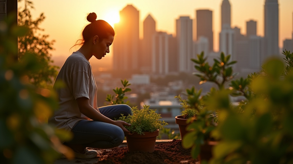 An urban gardener on a city balcony thoughtfully mixing used potting soil with fresh plant clippings as the evening sun illuminates a backdrop of lush greenery and skyline.