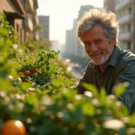 A person tending to a dense balcony garden filled with edible plants and fruits against a city backdrop in warm afternoon sunlight.