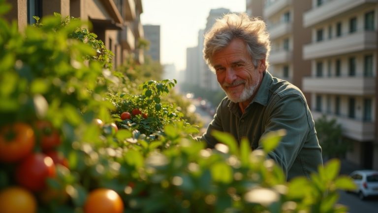 A person tending to a dense balcony garden filled with edible plants and fruits against a city backdrop in warm afternoon sunlight.