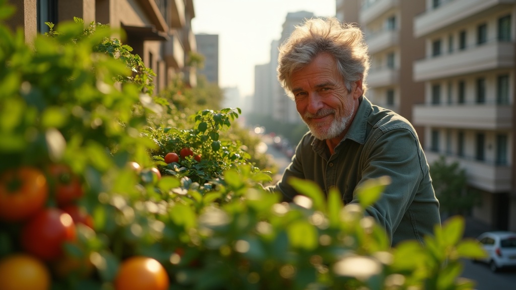 A person tending to a dense balcony garden filled with edible plants and fruits against a city backdrop in warm afternoon sunlight.