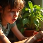 A young adult examining the soil of a sunlit indoor plant for fungus gnats in a cozy living room, with warm light highlighting careful observation and a gnat hovering nearby.