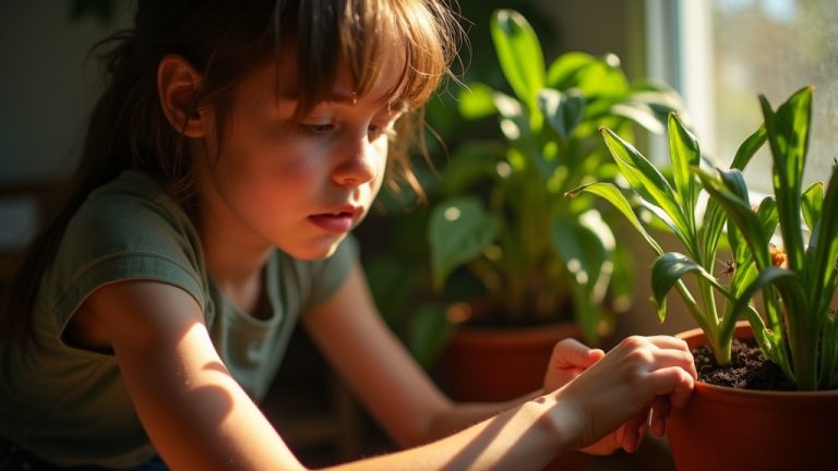A young adult examining the soil of a sunlit indoor plant for fungus gnats in a cozy living room, with warm light highlighting careful observation and a gnat hovering nearby.