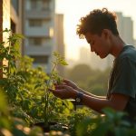 Young urban gardener examining unripened balcony tomatoes at sunset with city skyline blurred in the background, highlighting the challenges of growing vegetables in a small apartment space.