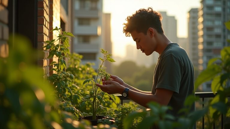 Young urban gardener examining unripened balcony tomatoes at sunset with city skyline blurred in the background, highlighting the challenges of growing vegetables in a small apartment space.