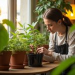 A young adult tending a compact indoor compost bin in a sunlit city apartment corner, surrounded by potted greenery and cozy decor.