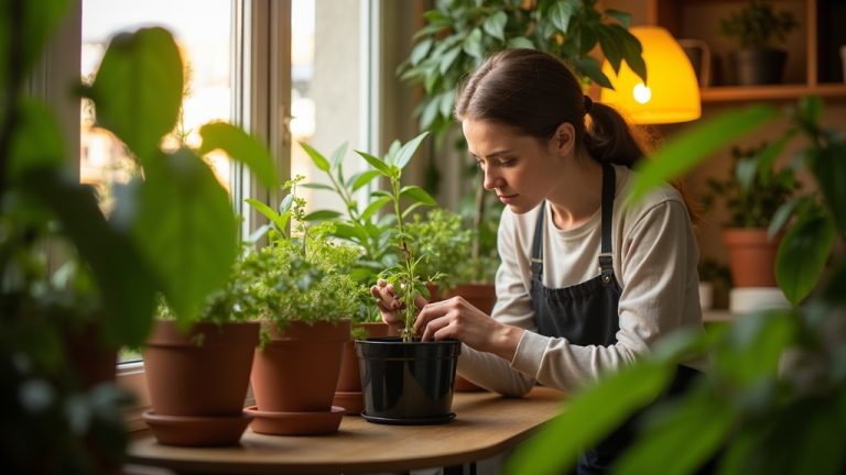 A young adult tending a compact indoor compost bin in a sunlit city apartment corner, surrounded by potted greenery and cozy decor.