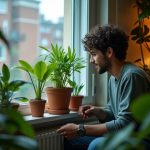 Young urban gardener examining thriving edible plants in a softly lit apartment surrounded by greenery near a city window.