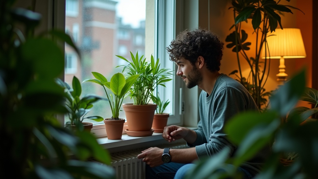 Young urban gardener examining thriving edible plants in a softly lit apartment surrounded by greenery near a city window.