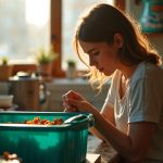 A young adult examines an indoor compost bin in a sunlit, compact urban kitchen, surrounded by teal-accented cookware and city views through the window.