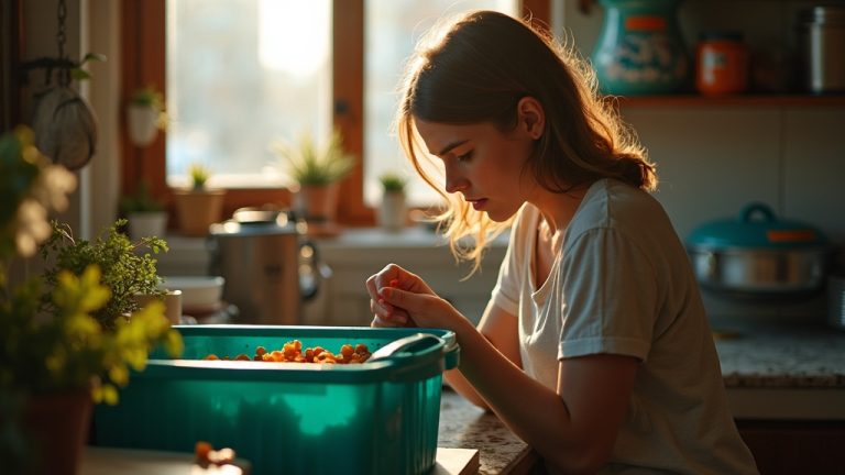 A young adult examines an indoor compost bin in a sunlit, compact urban kitchen, surrounded by teal-accented cookware and city views through the window.