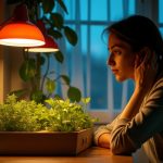 A person adjusts a small table garden’s grow light in a cozy apartment, surrounded by colorful illumination that blends with natural and artificial light sources.