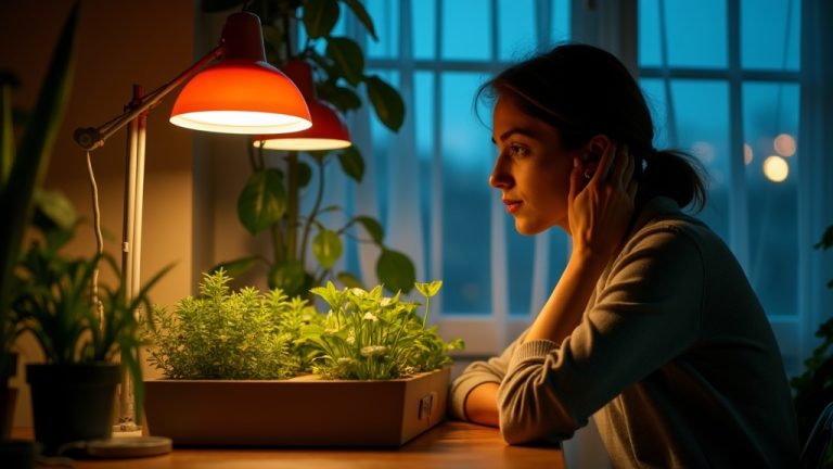 A person adjusts a small table garden’s grow light in a cozy apartment, surrounded by colorful illumination that blends with natural and artificial light sources.