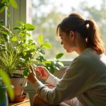 Young adult examining indoor plants in a sunlit apartment, surrounded by lush self-watering planters and cozy urban greenery.