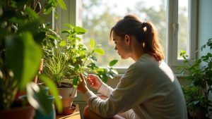 Young adult examining indoor plants in a sunlit apartment, surrounded by lush self-watering planters and cozy urban greenery.