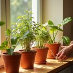 Hands carefully placing a small barrier on a container plant in a sunlit apartment, highlighting attentive pest prevention in indoor gardening.