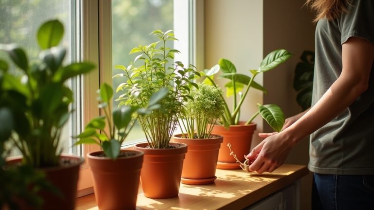Hands carefully placing a small barrier on a container plant in a sunlit apartment, highlighting attentive pest prevention in indoor gardening.