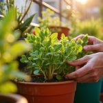 Hands gently arranging vegetable and herb plants in vibrant containers on a sunlit urban balcony garden, highlighting attentive small-space gardening.