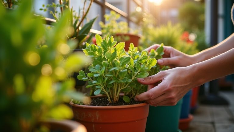Hands gently arranging vegetable and herb plants in vibrant containers on a sunlit urban balcony garden, highlighting attentive small-space gardening.