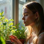 A young woman tends to lush edible plants thriving on a shaded urban balcony by a sliding glass door, with dappled sunlight highlighting the greenery.