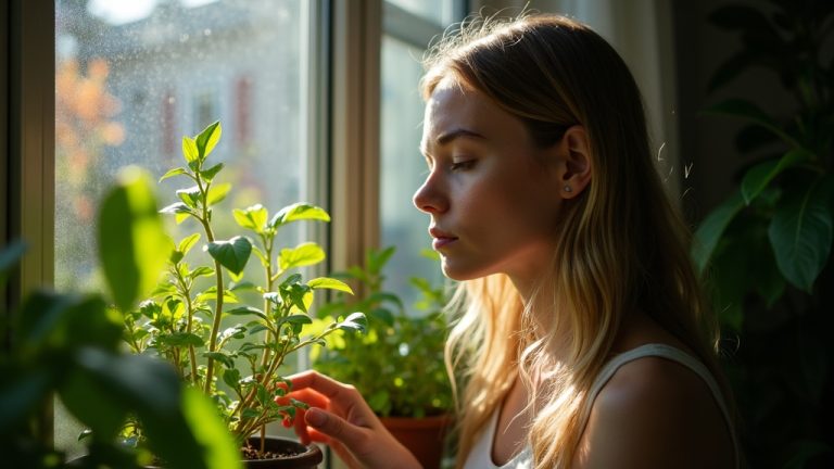 A young woman tends to lush edible plants thriving on a shaded urban balcony by a sliding glass door, with dappled sunlight highlighting the greenery.