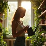 Young renter tending a vibrant vertical garden in a small sunlit apartment, surrounded by lush plants and personal belongings, highlighting creative solutions to limited space.