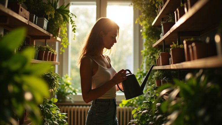Young renter tending a vibrant vertical garden in a small sunlit apartment, surrounded by lush plants and personal belongings, highlighting creative solutions to limited space.