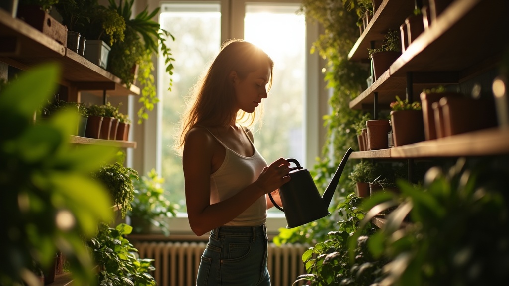 Young renter tending a vibrant vertical garden in a small sunlit apartment, surrounded by lush plants and personal belongings, highlighting creative solutions to limited space.