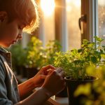 A focused young person adjusts densely packed potted herbs on a sunny apartment windowsill, hands highlighted by morning light with rich shadows and blurred city reflections.