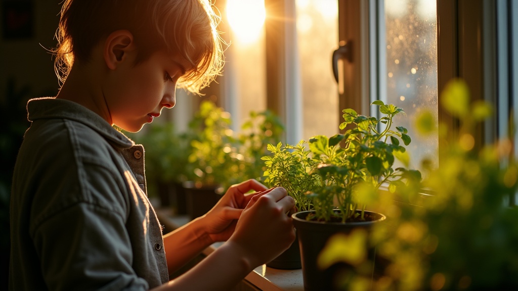 A focused young person adjusts densely packed potted herbs on a sunny apartment windowsill, hands highlighted by morning light with rich shadows and blurred city reflections.