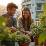 Young couple arranging leafy potted plants on a small city balcony, with sunlight highlighting their focused expressions and green foliage creating privacy.