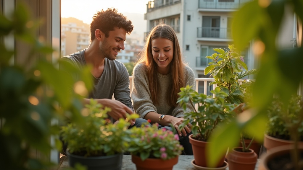 Young couple arranging leafy potted plants on a small city balcony, with sunlight highlighting their focused expressions and green foliage creating privacy.