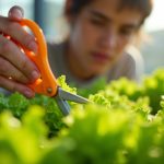 A young adult trims mature lettuce leaves with orange scissors in a sunlit indoor garden, highlighting vibrant greens and new growth.