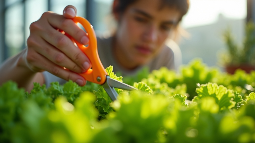 A young adult trims mature lettuce leaves with orange scissors in a sunlit indoor garden, highlighting vibrant greens and new growth.