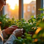 A person trimming basil plants on a sunlit windowsill in a cozy kitchen, surrounded by dense green foliage with an urban sunset in the background.