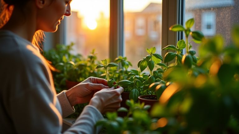 A person trimming basil plants on a sunlit windowsill in a cozy kitchen, surrounded by dense green foliage with an urban sunset in the background.