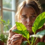 A person examines the leaves of a healthy houseplant in a sunlit apartment, searching for signs of fungus gnats among lush indoor greenery.