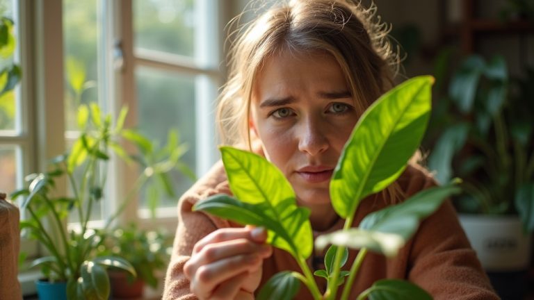 A person examines the leaves of a healthy houseplant in a sunlit apartment, searching for signs of fungus gnats among lush indoor greenery.