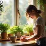 A person gently tending fresh herbs on a sunlit apartment kitchen windowsill, surrounded by cozy kitchen items and lush greenery.