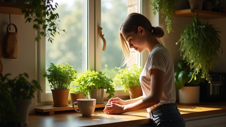 A person gently tending fresh herbs on a sunlit apartment kitchen windowsill, surrounded by cozy kitchen items and lush greenery.