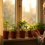 A young adult gently adjusts stretched seedlings on a sunlit windowsill in a small city apartment, surrounded by scattered pots and soft shadows.