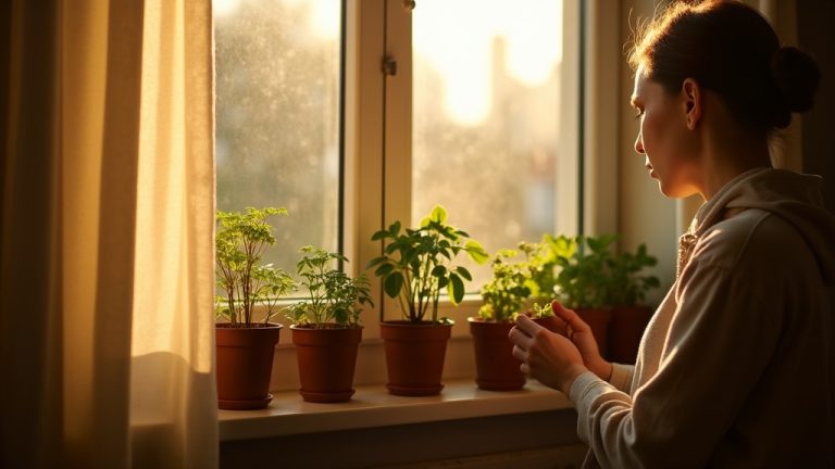 A young adult gently adjusts stretched seedlings on a sunlit windowsill in a small city apartment, surrounded by scattered pots and soft shadows.