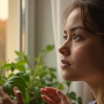 Young adult tending to a houseplant by a window in a sunlit apartment, with weather variations outside highlighting the indoor environment.