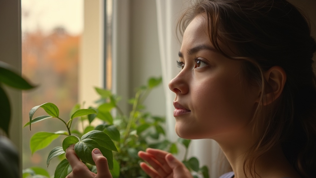 Young adult tending to a houseplant by a window in a sunlit apartment, with weather variations outside highlighting the indoor environment.