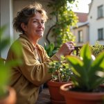 Urban balcony gardener adjusting a lush shade-loving plant in a small, sun-dappled space surrounded by city buildings.