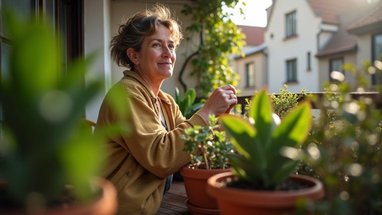 Urban balcony gardener adjusting a lush shade-loving plant in a small, sun-dappled space surrounded by city buildings.